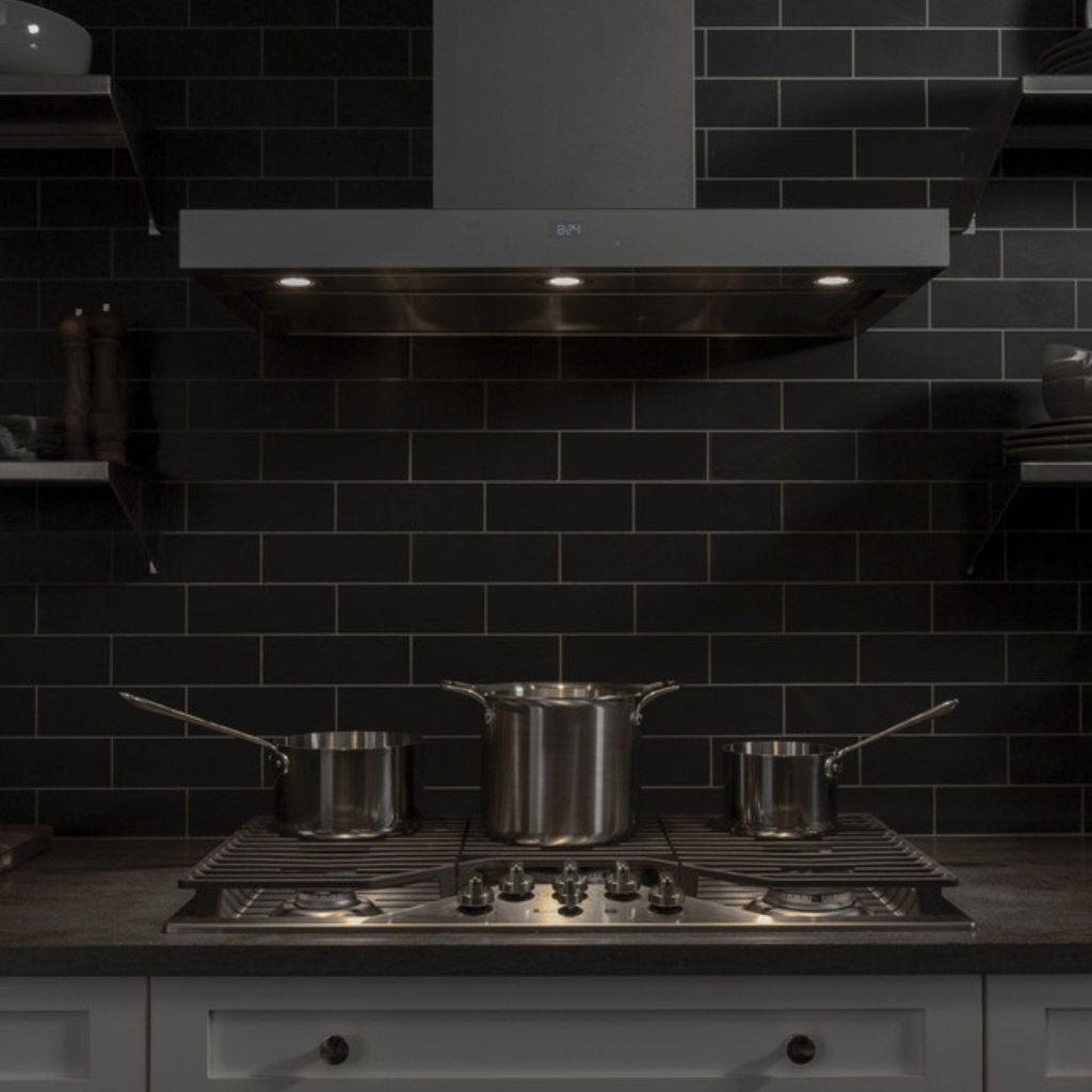 GE-PGP9036SLSS-Modern Kitchen with Black Tile Backsplash and Stainless Steel Cooktop