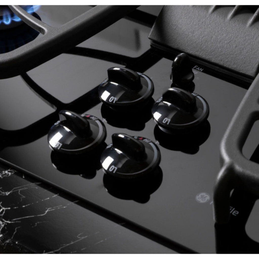 PGP9830DRBB knob controls with black glass surface