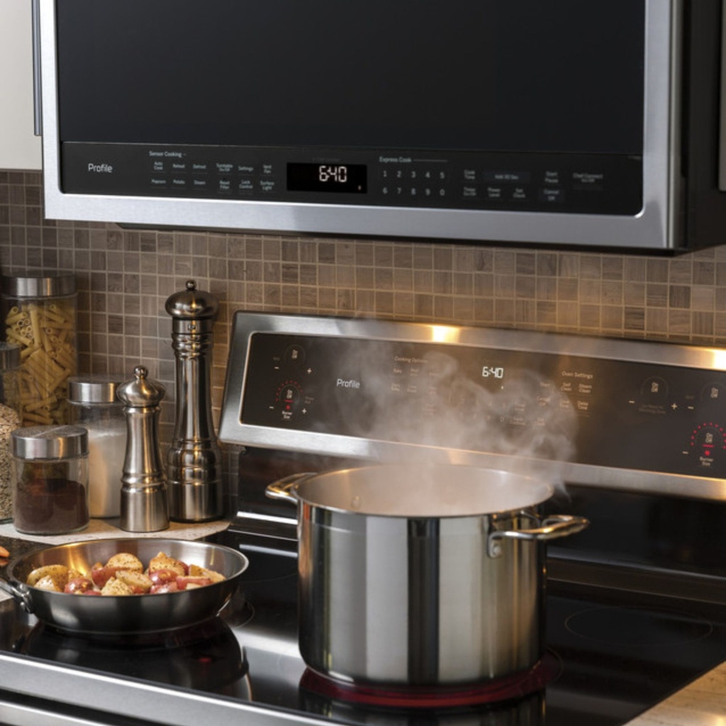 GE-PVM9005SJSS-Modern Kitchen with Electric Stove and Cooking Pots