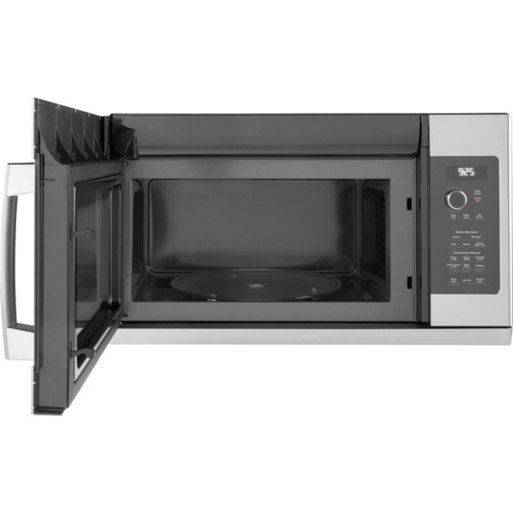 GE-PVM9225SRSS-Stainless steel over-the-range microwave oven with its door open