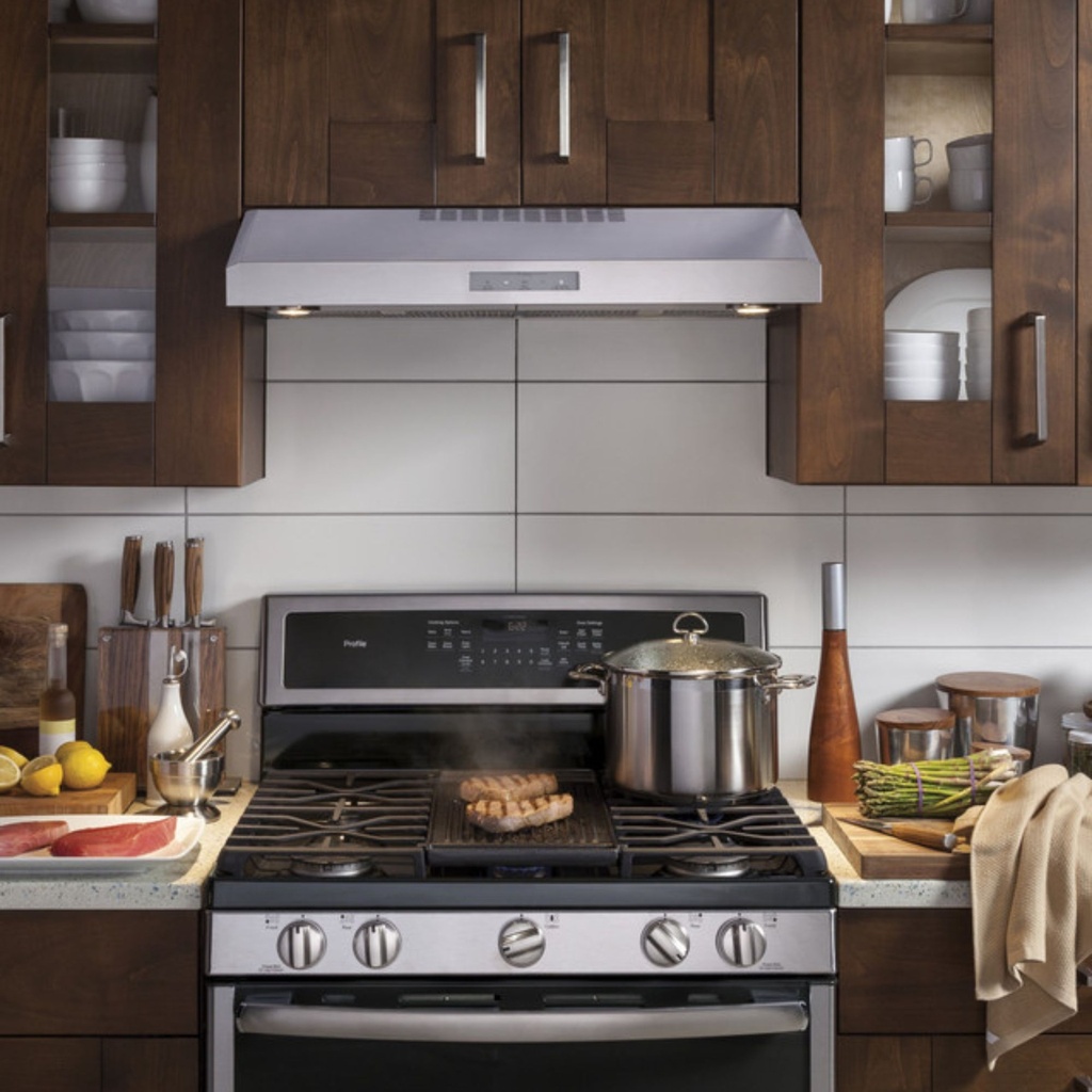 PVX7300SJSS four-speed with boost, 390-CFM range hood blower venting system