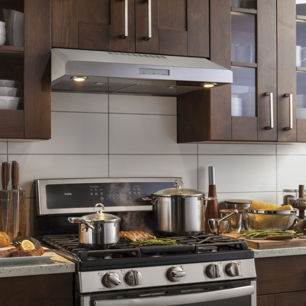 GE-PVX7300SJSS-modern kitchen setup with a stainless steel range hood