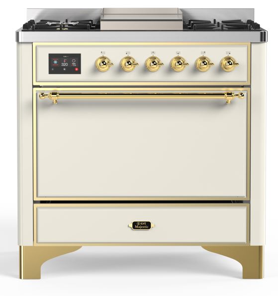 ILVE UM09F Majestic II 36 inch Dual Fuel Range with 6 Black Brass Burners, Griddle