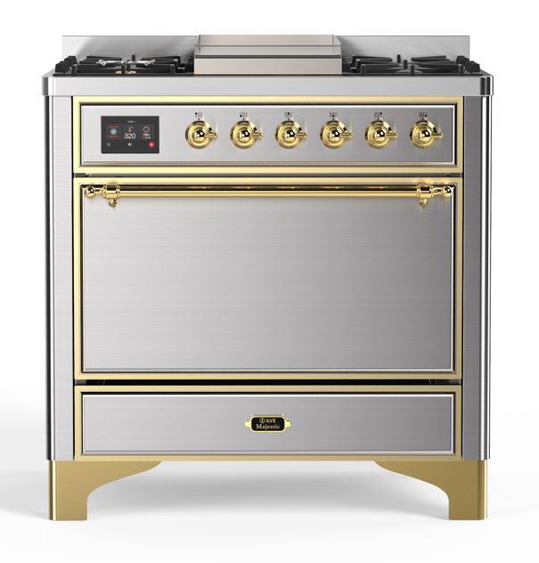 ILVE UM09F Majestic II 36 inch Dual Fuel Range with 6 Black Brass Burners, Griddle