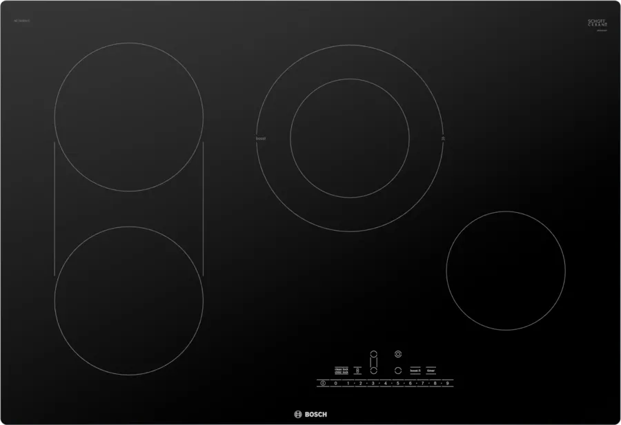 Bosch NET8069UC 30 inch 800 Series Electric Cooktop with 4 Elements, Ceramic Glass Surface, SpeedBoost, Bridge Element, PreciseSelect in Black
