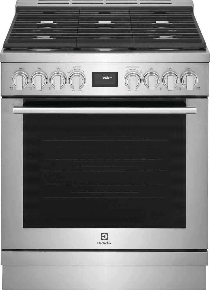 Electrolux ECFG3068AS 30 inch Front Control Freestanding Gas Range with 5 Burners Including 2 Brass Burners, 4.5 cu. ft. Oven Capacity, True Convection, in Stainless Steel 