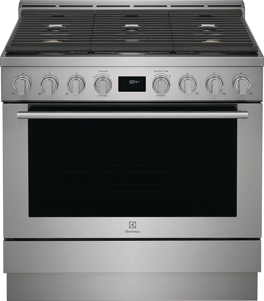 Electrolux ECFG3668AS 36 inch Front Control Freestanding Gas Range with 6 Burners Including 2 Brass Burners, 4.4 cu. ft. Oven Capacity, True Convection, in Stainless Steel 