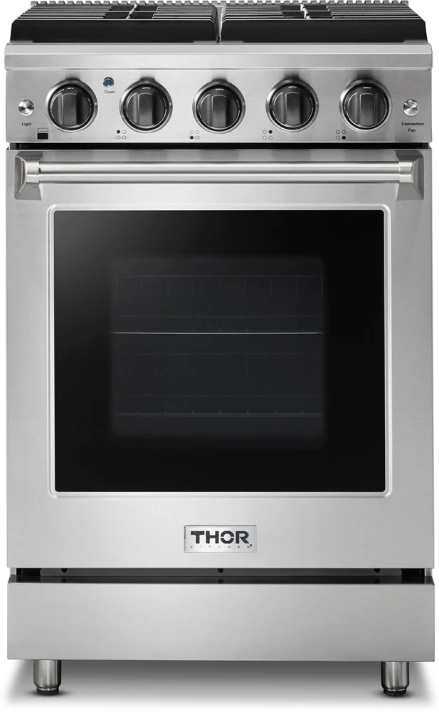 Thor Kitchen LRG2401U 24 inch Freestanding Professional Gas Range with 4 Sealed Burners, 3.7 cu. ft. Capacity, Continuous Grates, Convection, in Stainless Steel