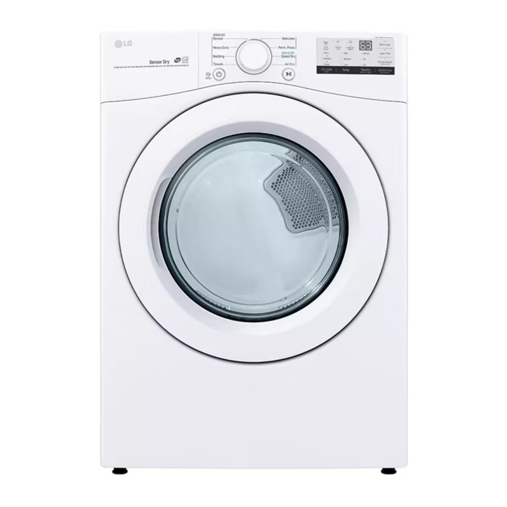 LG DLE3400W 27 inch Electric Dryer with 7.4 cu. ft. Capacity, Closet Depth, Sensor Dry, Wrinkle Care, FlowSense Duct Clogging Indicator, Energy Star, in White