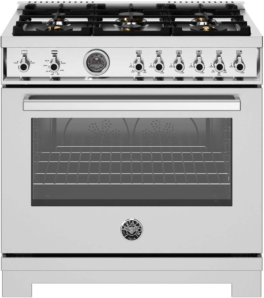 Bertazzoni PRO366BCFGM Professional Series 36 inch Freestanding Gas Range with 6 Brass Burners, 5.9 cu. ft. Oven Capacity