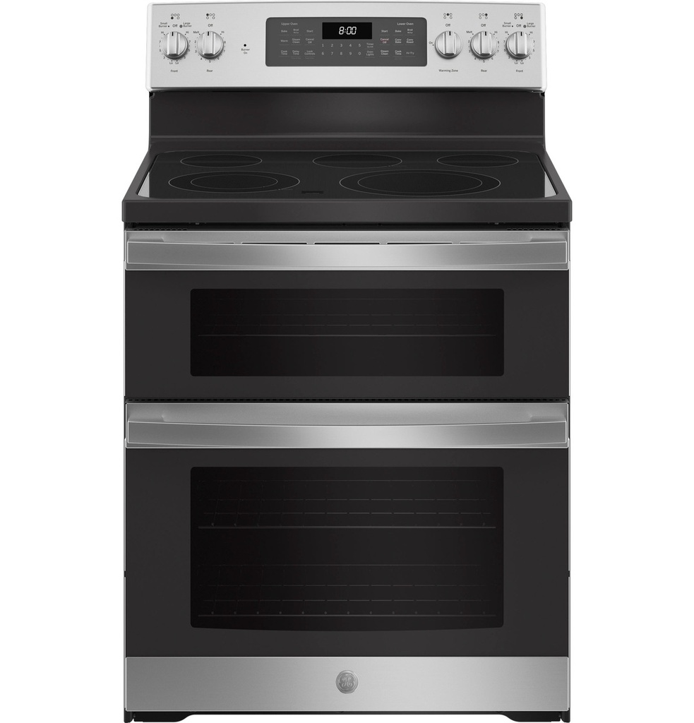 GE JBS86SPSS 30 inch Freestanding Electric Double Oven Convection Range with 5 Elements, 6.6 cu. ft. Total Capacity, and No-Preheat Air Fry in Stainless Steel