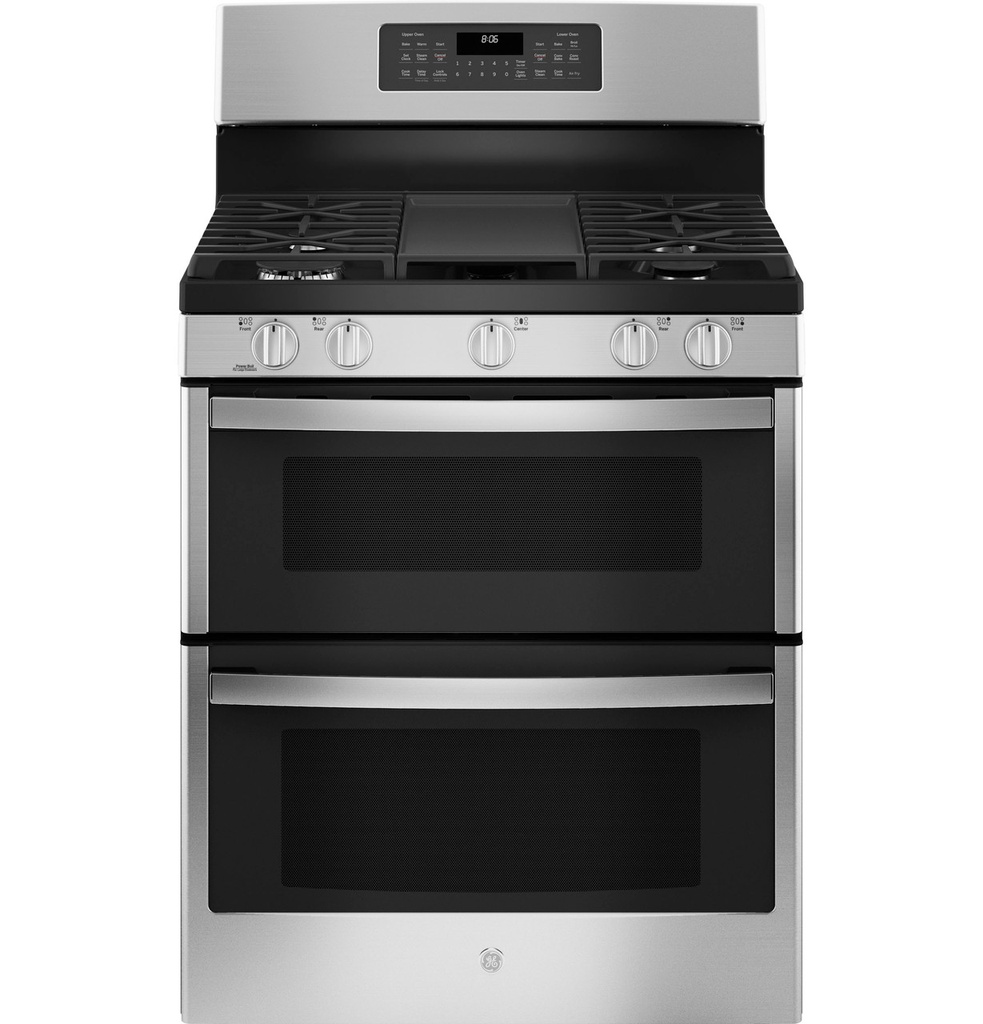 GE JGBS86SPSS 30 inch Freestanding Gas Double Oven Convection Range with 5 Burners, 6.8 cu. ft. Total Oven Capacity and No-Preheat Air Fry in Stainless Steel