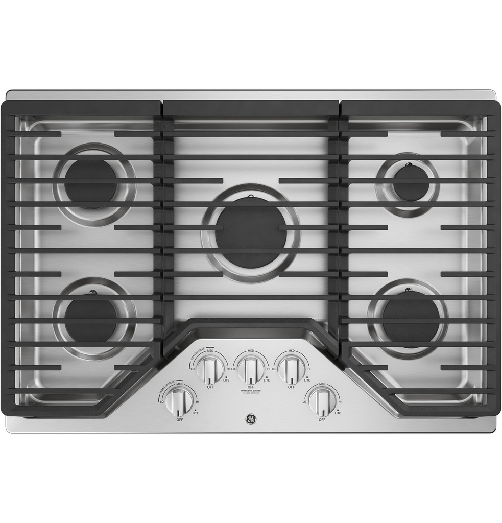 GE JGP5030SLSS 30 inch Gas Cooktop with 5 Burners, Dishwasher-Safe Grates and MAX Burner System in Stainless Steel