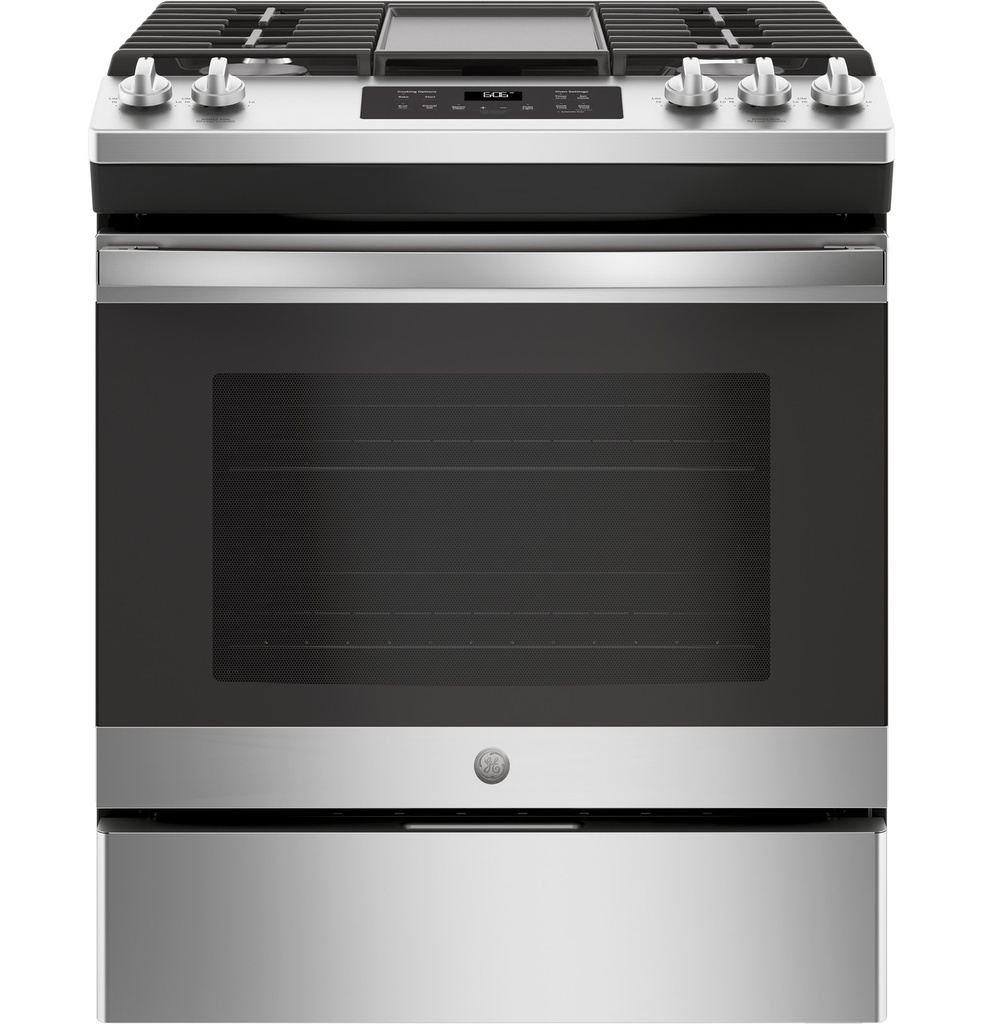 GE JGSS66SELSS 30 inch Slide-In Gas Range with 5 Burners, 5.3 cu. ft. Oven Capacity, Extra-large Integrated Griddle and Steam Clean in Stainless Steel