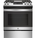 GE JGSS66SELSS 30 inch Slide-In Gas Range with 5 Burners, 5.3 cu. ft. Oven Capacity, Extra-large Integrated Griddle and Steam Clean in Stainless Steel