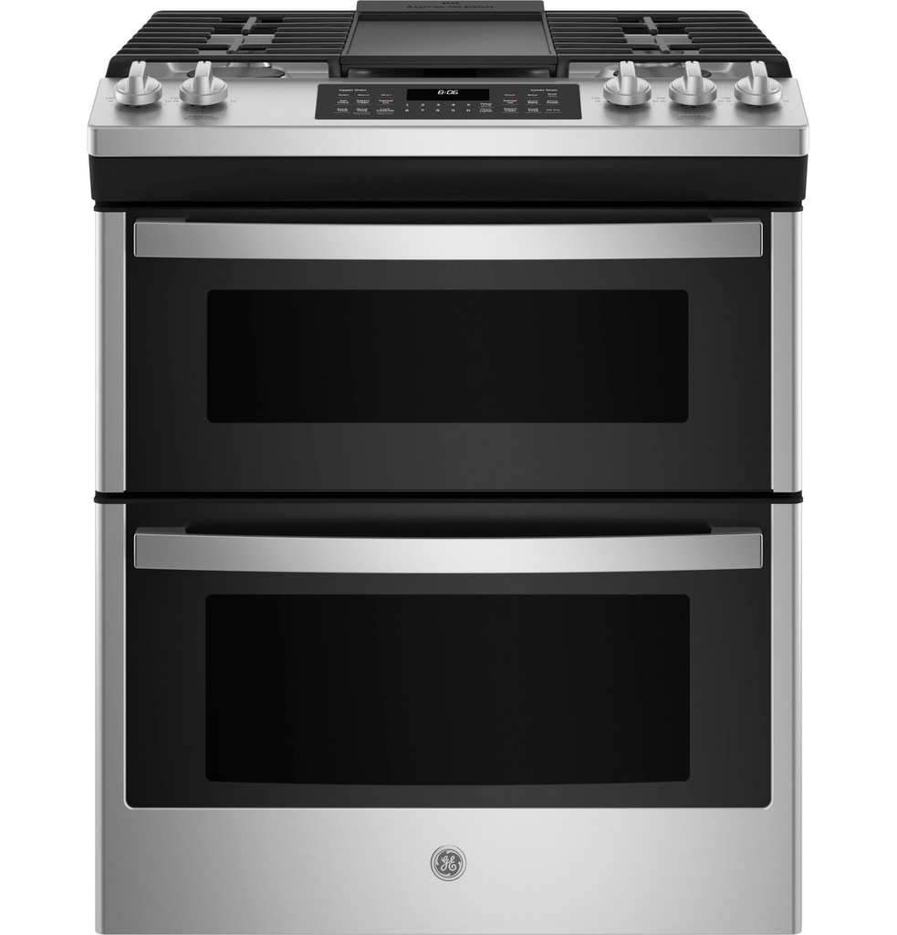 GE JGSS86SPSS 30 inch Slide-In Gas Double Oven Range with 5 Burners, 6.7 cu. ft. Capacity, No-Preheat Air Fry and Integrated Griddle in Stainless Steel