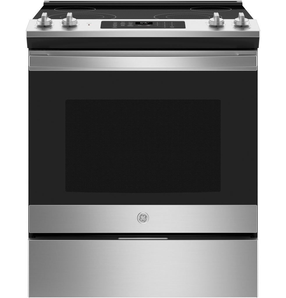 GE JS645SLSS 30 inch Slide-In Electric Range with 4 Elements, 5.3 cu. ft. Capacity, Self Clean Oven and Storage Drawer in Stainless Steel