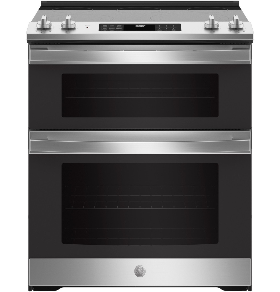 GE JSS86SPSS 30 inch Slide-In Electric Convection Double Oven Range with 5 Elements, 6.6 cu. ft. Total Oven Capacity and No-Preheat Air Fry in Stainless Steel