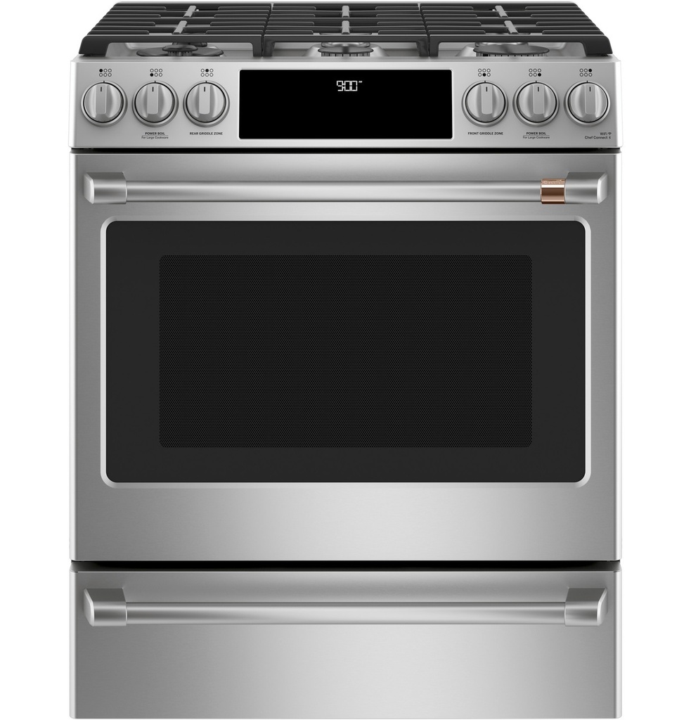 Cafe C2S900P2MS1 30 inch Smart Slide-In Dual Fuel Range with 6 Burners, 5.7 cu. ft. Oven Capacity, No-Preheat Air Fry and Warming Drawer in Stainless Steel