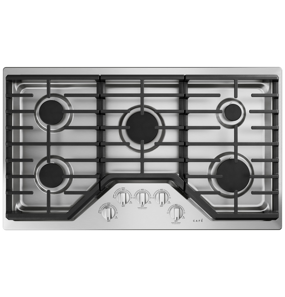 Cafe CGP70362NS1 36 inch Built-In Gas Cooktop with 5 Burners, LED Backlit Knobs, in Stainless Steel