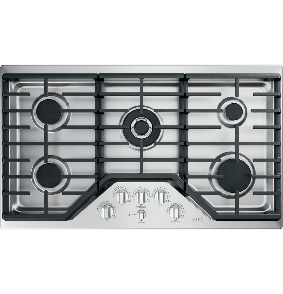 Cafe CGP95362MS1 36 inch Built-In Gas Cooktop with 5 Burners, LED Backlit Knobs, in Stainless Steel