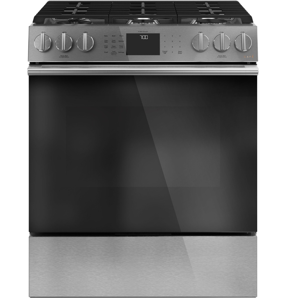 Cafe CGS700M2NS5 30 inch Smart Slide-In Gas Convection Range with 6 Burners, 5.6 cu. ft. Capacity, True European Convection and Storage Drawer in Platinum Glass