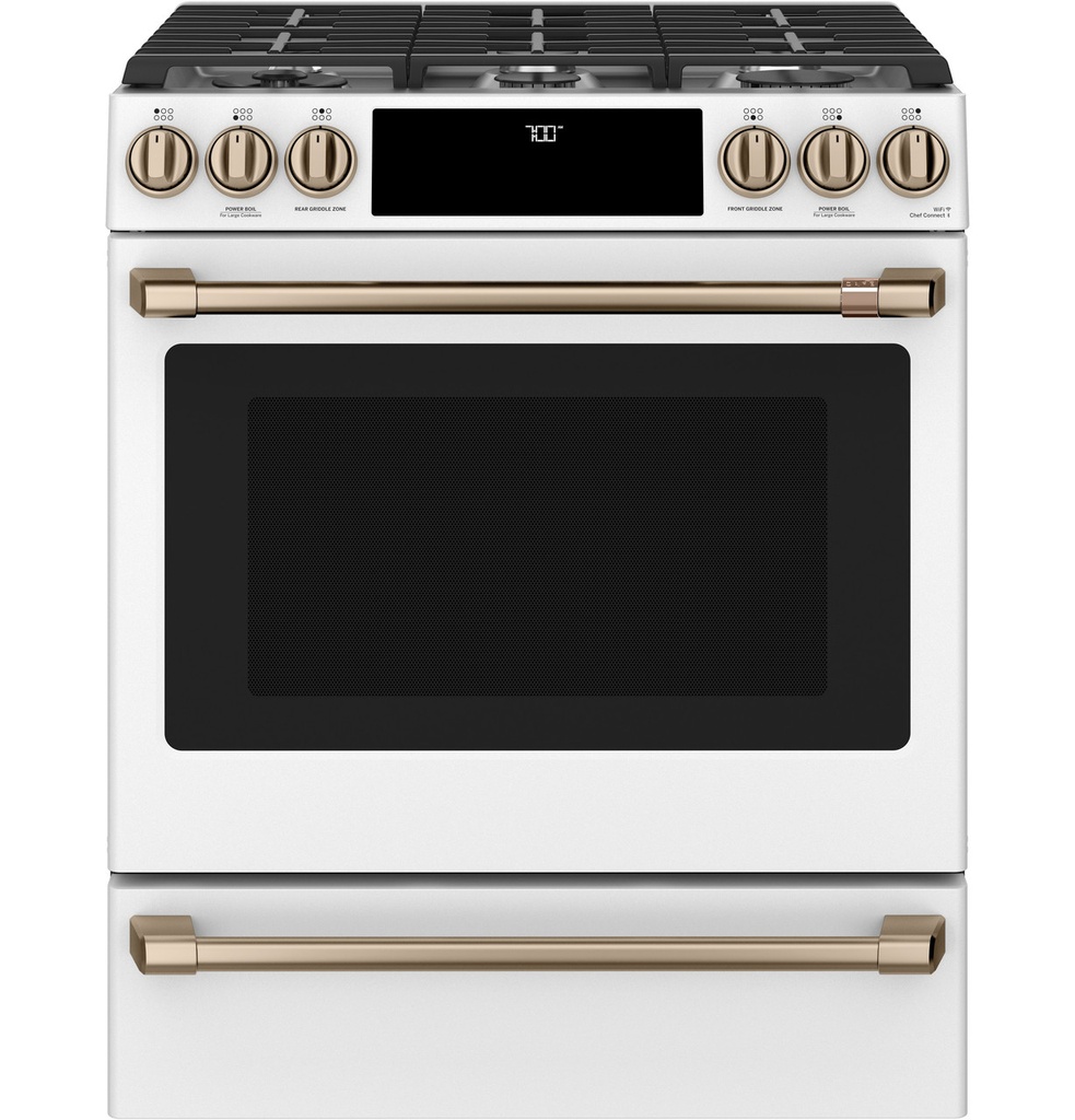 Cafe CGS700P 30 inch Smart Slide-In Gas Convection Range with 6 Burners, 5.6 cu. ft. Capacity, No-Preheat Air Fry and True European Convection