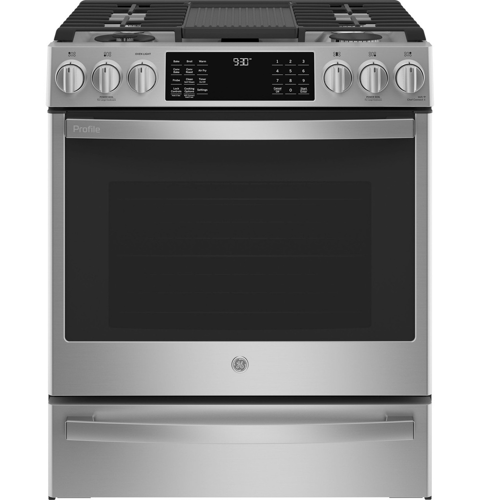 GE Profile P2S930YPFS 30 inch Smart Slide-In Dual Fuel Range with 5 Burners and 5.7 cu. ft. Oven Capacity in Fingerprint Resistant Stainless Steel