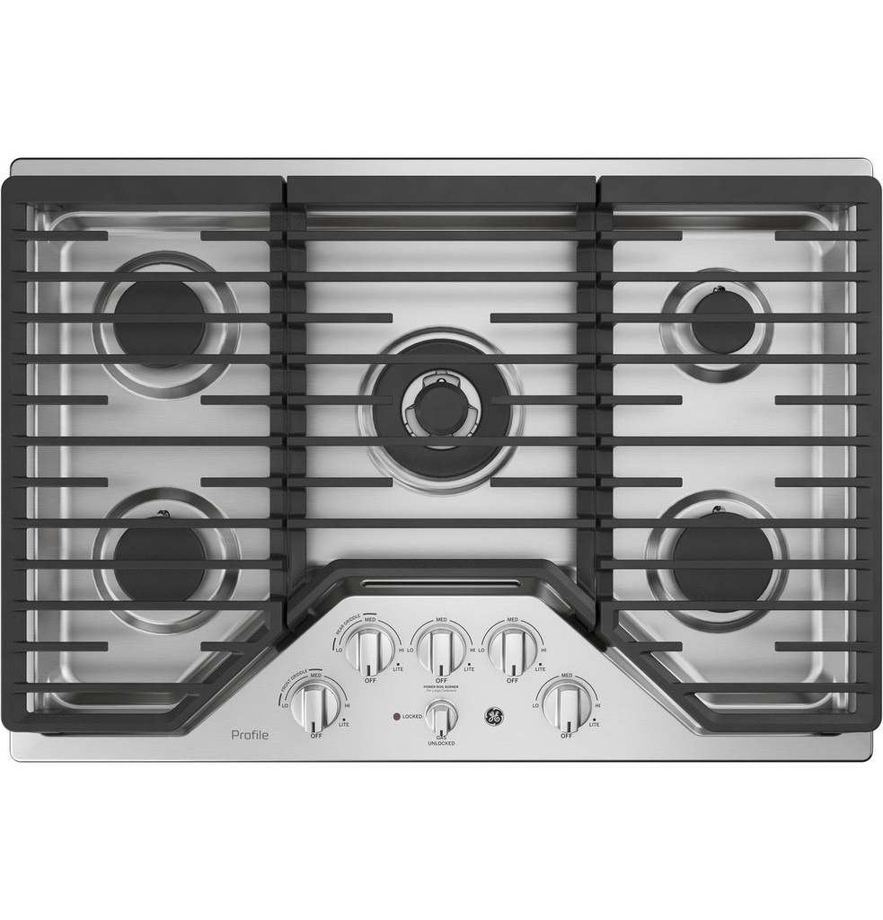 GE Profile PGP9030SLSS 30 inch Gas Cooktop with 5 Burners, Griddle and Continuous Cast Iron Grates in Stainless Steel