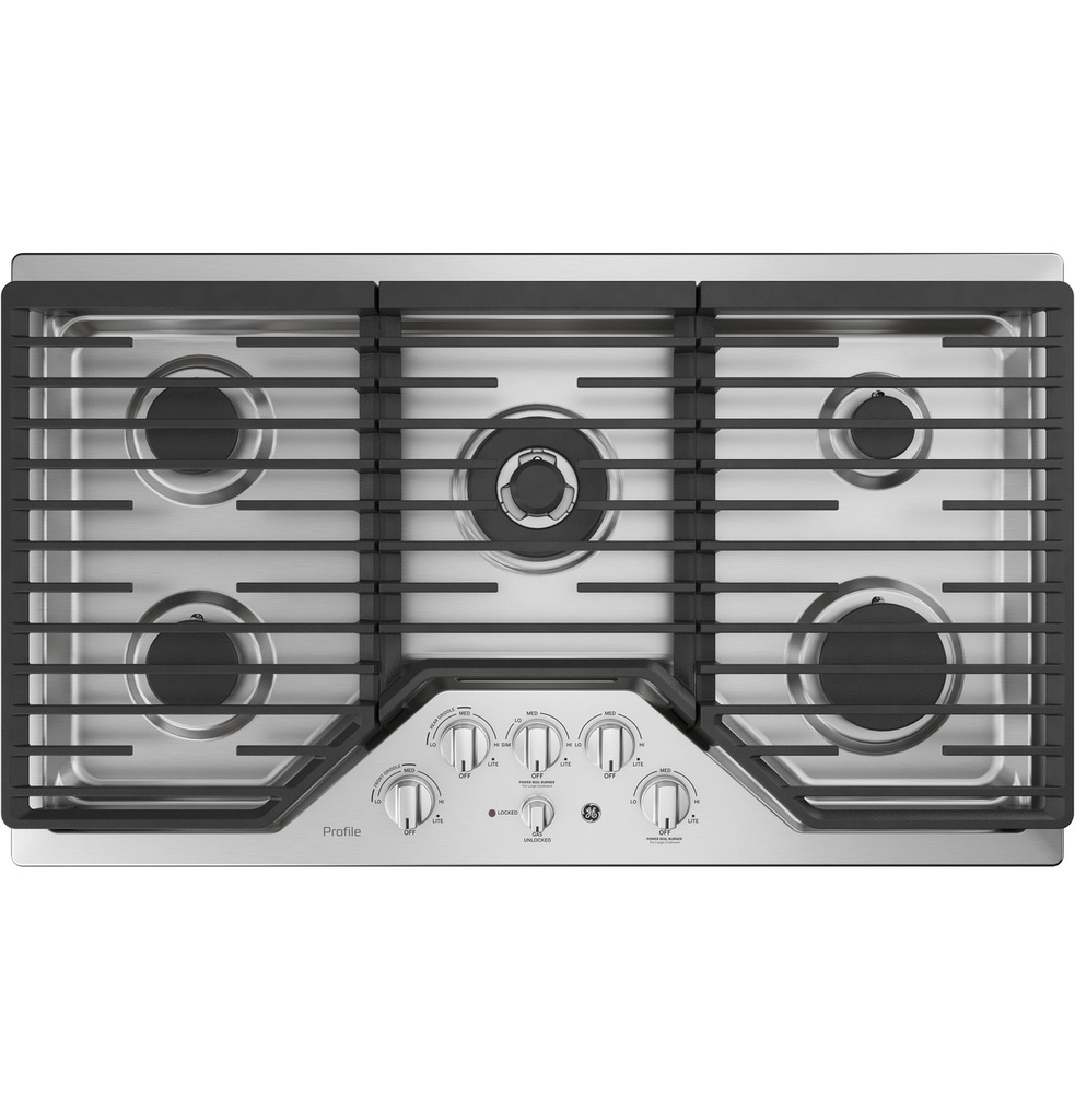 GE Profile PGP9036SLSS 36 inch Gas Cooktop with 5 Burners, Griddle and Continuous Cast Iron Grates in Stainless Steel