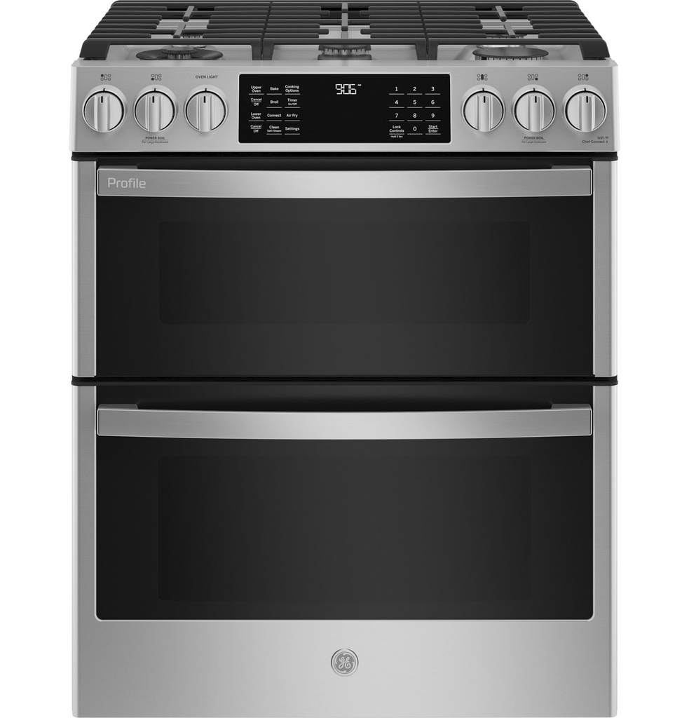 GE Profile PGS960YPFS 30 inch Smart Slide-In Double Oven Gas Range with 5 Burners, 6.7 cu. ft. Oven Capacity and No Preheat Air Fry in Fingerprint Resistant Stainless Steel