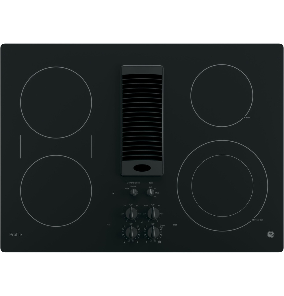 GE Profile PP9830 30 inch Electric Cooktop with 4 Elements and Downdraft Exhaust in Black