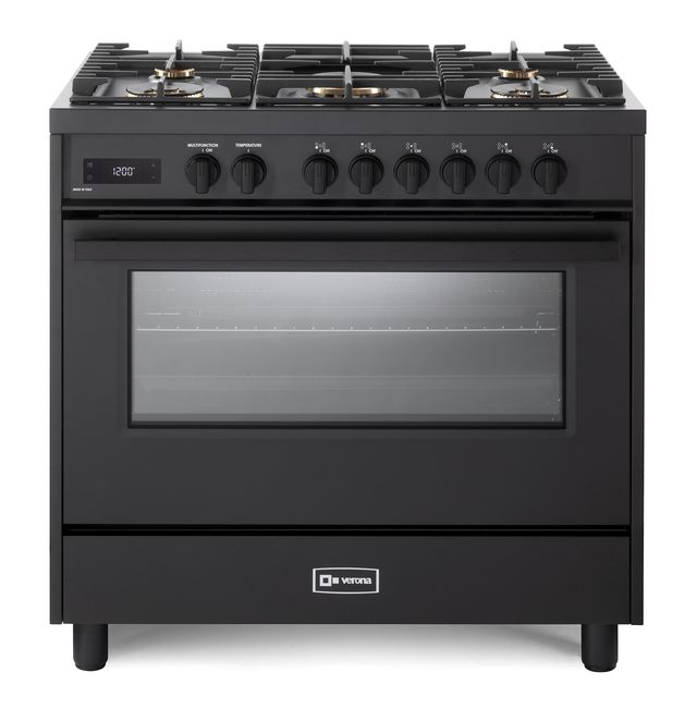 Verona VMFSGE365EE 36 inch Ultima Midnight Collection Freestanding Dual Fuel Range with 5 Sealed SABAF Brass Burners, 5 cu. ft. Oven Capacity and Touch Control Clock