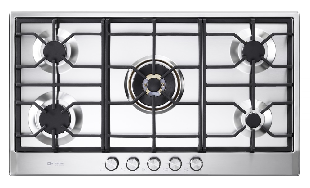 Verona VDGCT536FSS 36 inch Designer Series Gas Cooktop with 5 Brass Burners and Continuous Cast Iron Grates in Stainless Steel