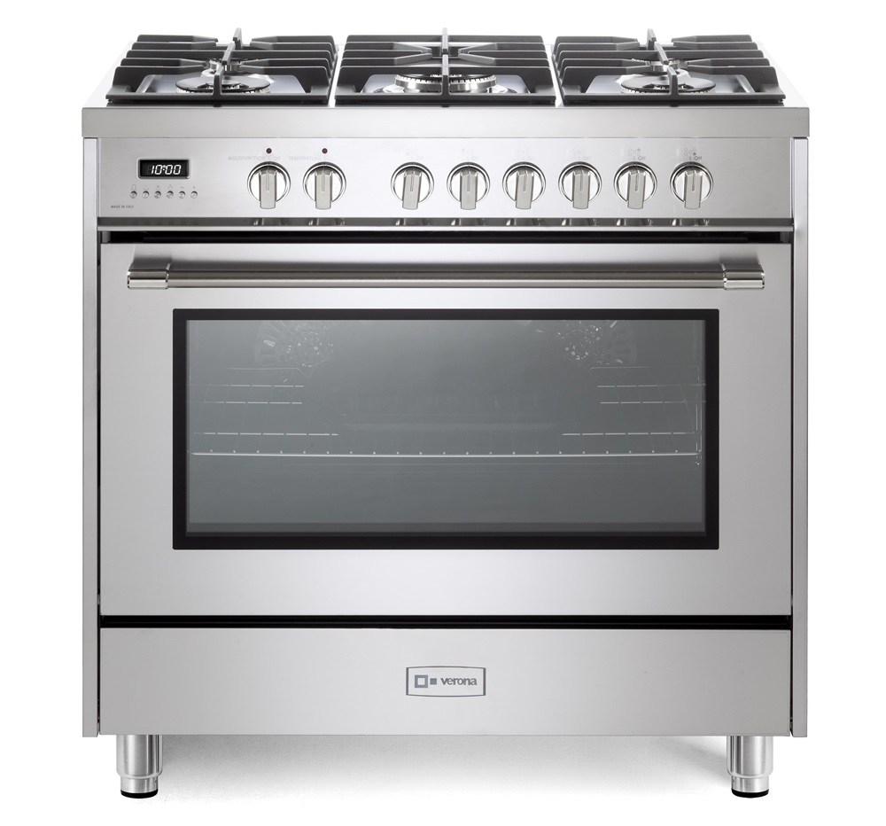 Verona VPRFSGE365SS 36 inch Prima Series Freestanding Dual Fuel Range with 5 Sealed SABAF Burners, 5 cu. ft. Oven Capacity and Touch Control Clock in Stainless Steel