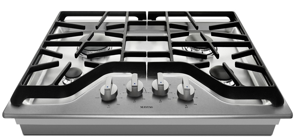 Maytag MGC7430DS 30 inch Gas Cooktop with 4 Burners, 15,000 BTU Power Burner and  Simmer Burner,  DuraClean Continuous Cast-Iron Grates in Stainless Steel