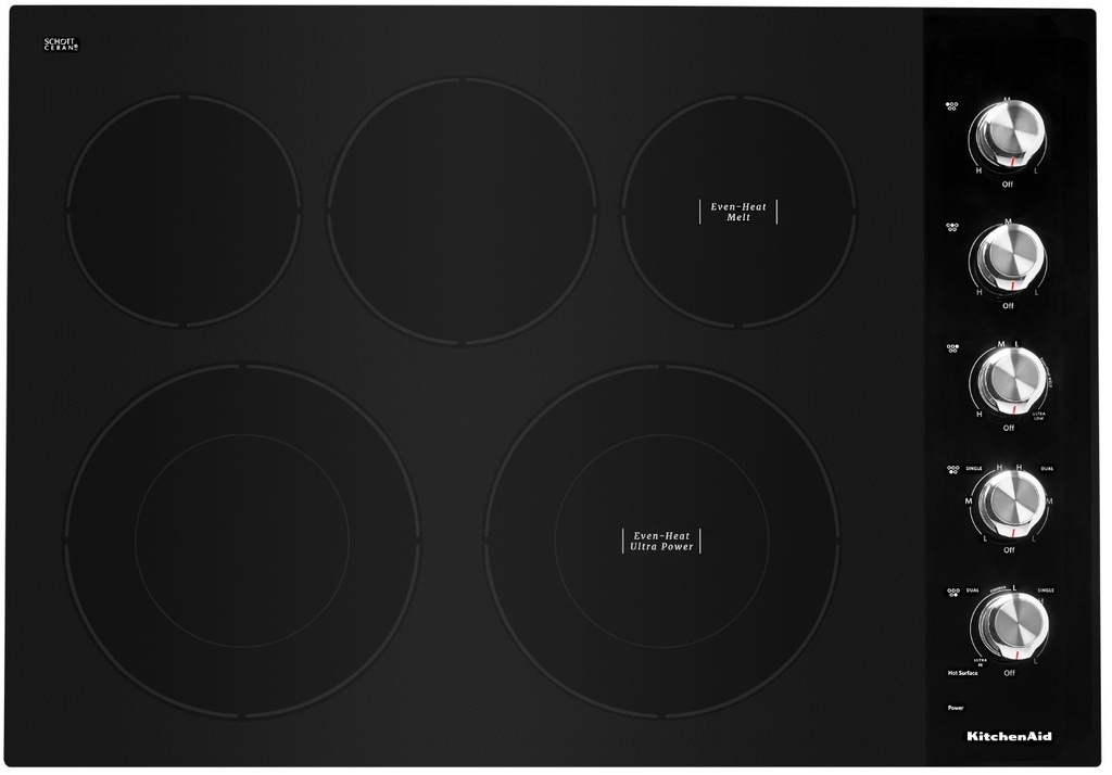 KitchenAid KCES550H 30 inch Electric Cooktop with 5 Elements, Hot Surface Indicator and Metal Control Knobs