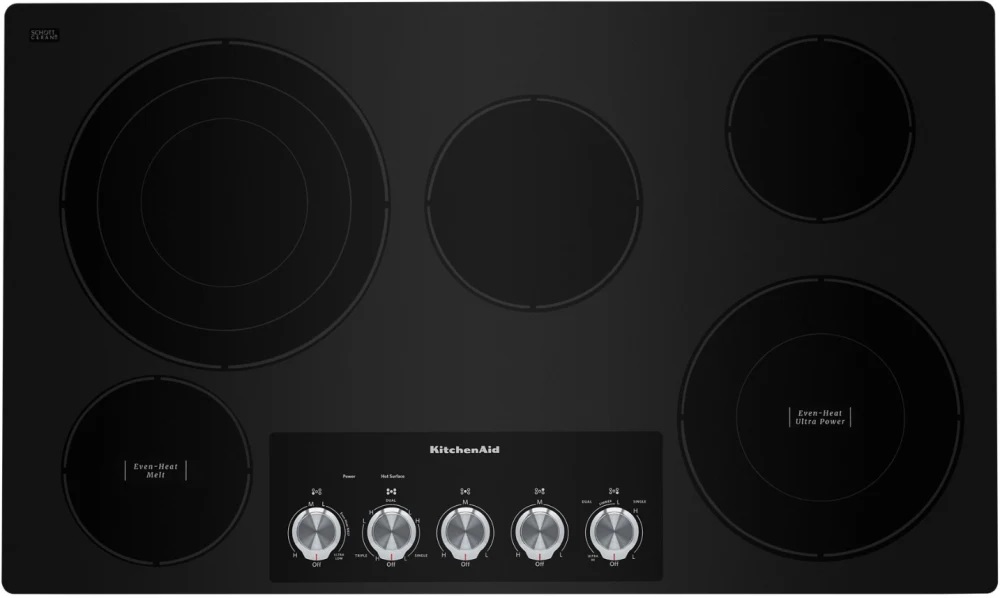 KitchenAid KCES556H 36 inch Electric Cooktop with 5 Elements, Hot Surface Indicator and Metal Control Knobs