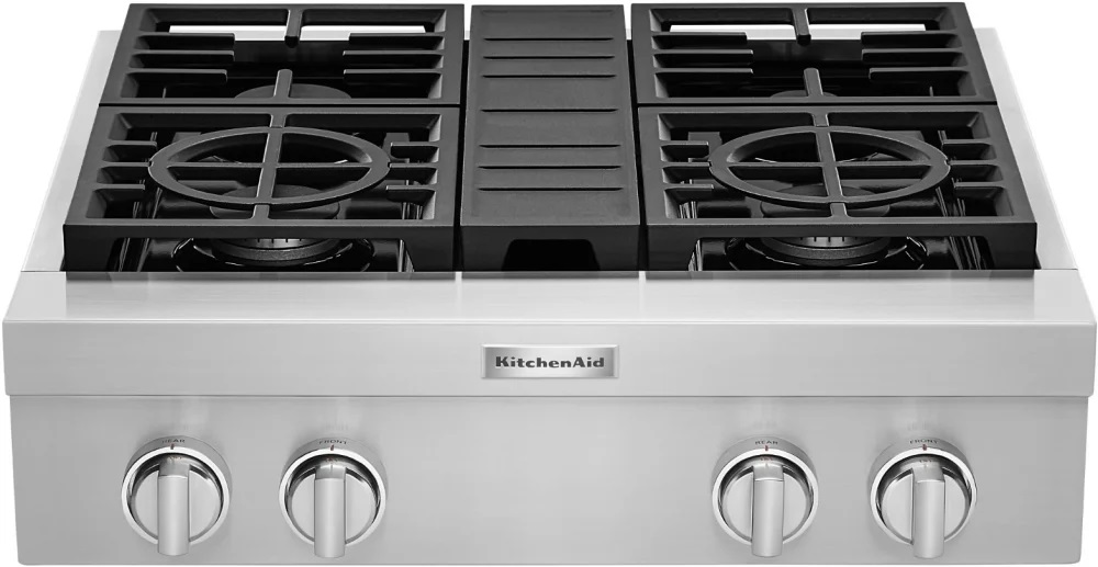 KitchenAid KCGC500JSS 30 inch Commercial-Style Gas Rangetop with 4 Burners, Ultra Power Dual-Flame Burners, Simmer and Melt Burner, Three-Level Convertible Grates, in Stainless Steel
