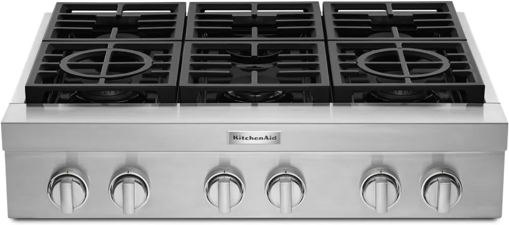 KitchenAid KCGC506JSS 36 inch Commercial-Style Gas Rangetop with 6 Burners, Ultra Power Dual-Flame Burners, Simmer and Melt Burner, Three-Level Convertible Grates, in Stainless Steel