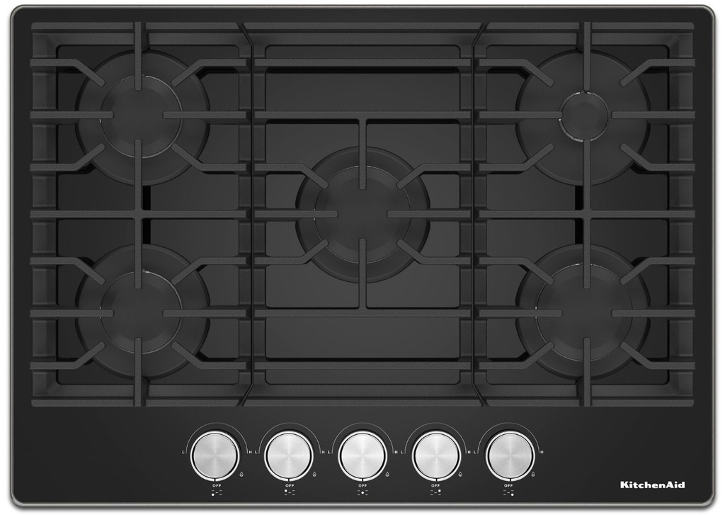 KitchenAid KCGG530PBL 30 inch Gas-on-Glass Cooktop with 5 Burners, Full-Width Cast-Iron Grates and ADA Compliant in Black