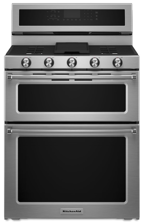 KitchenAid KFGD500E 30 inch Double Oven Gas Range with 5 Burners, Griddle, 6 Cu. Ft. Oven Capacity, Even-Heat True Convection