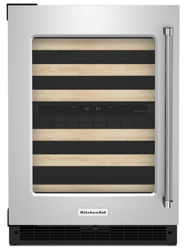 [KUWL214KSB] KitchenAid KUW214K 24 inch Undercounter Dual Zone Wine Cellar with 46 Bottle Capacity and SatinGlide Full-Extension Wood-Front Racks (Stainless Steel, Left Hinge)