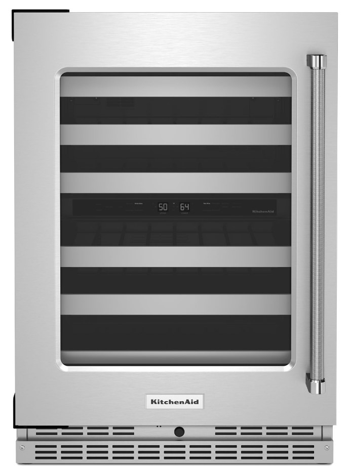 KitchenAid KUW314K 24 inch Undercounter Dual Zone Wine Cellar with 46 Bottle Capacity and SatinGlide Full-Extension Metal-Front Racks