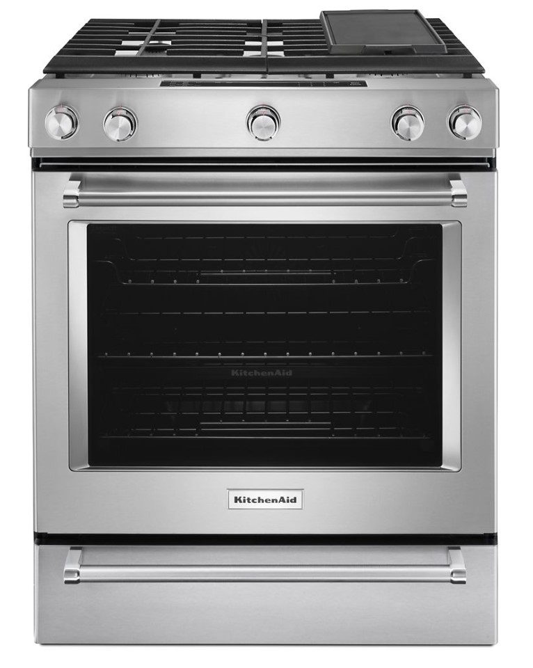 KitchenAid KSGB900ESS 30 inch Slide-In Gas Range with 5 Burners, 6.5 Cu. Ft. Capacity, Even-Heat True Convection and Baking Drawer in Stainless Steel