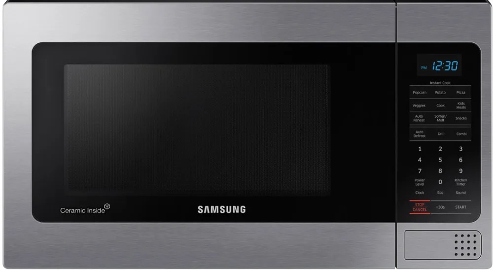 Samsung MG11H2020CT Countertop Microwave with 1.1 cu. ft. Capacity, Grilling Element, Ceramic Enamel Interior, Electronic Controls, Push-type Door, 10 Power Levels, Child-Safety Lock and 12-hr clock in Stainless Steel