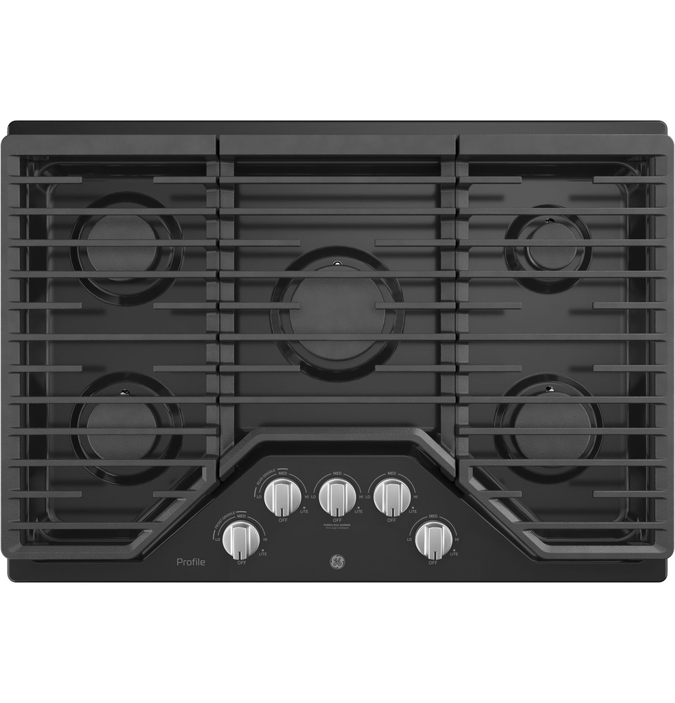 GE Profile PGP7030 30 inch Gas Cooktop with 5 Burners, Continuous Cast Iron Grates and LED Backlit Heavy-Duty Knobs