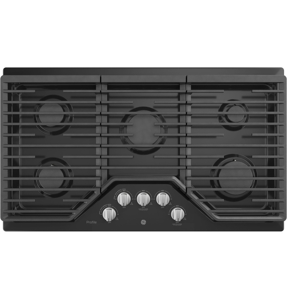 GE Profile PGP7036 36 inch Gas Cooktop with 5 Burners, Continuous Cast Iron Grates and White LED Backlit Heavy-Duty Knobs