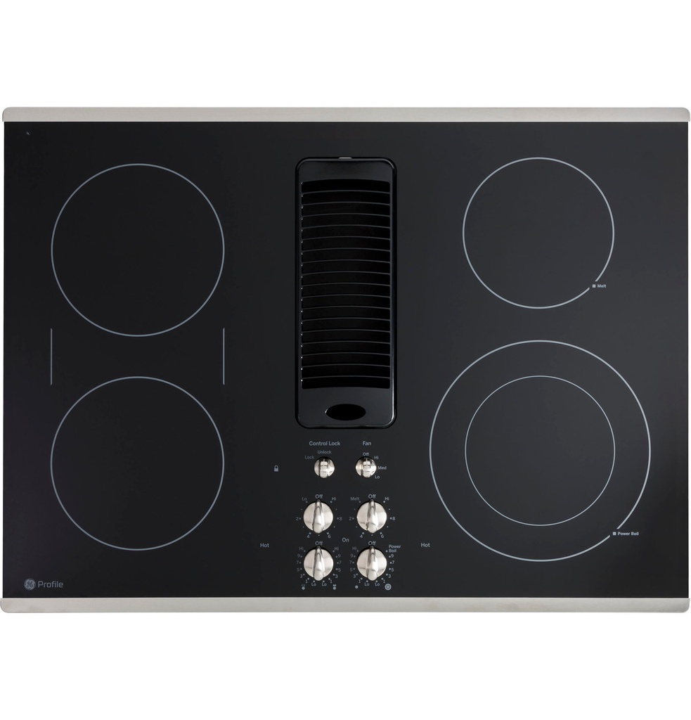 GE Profile PP9830 30 inch Electric Cooktop with 4 Elements and Downdraft Exhaust in Black