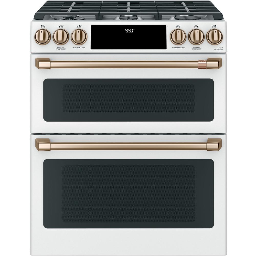 Cafe C2S950P 30 inch Smart Slide-In Dual Fuel Double-Oven Range with 6 Burners, 7 cu. ft. Total Capacity and No-Preheat Air Fry in Stainless Steel